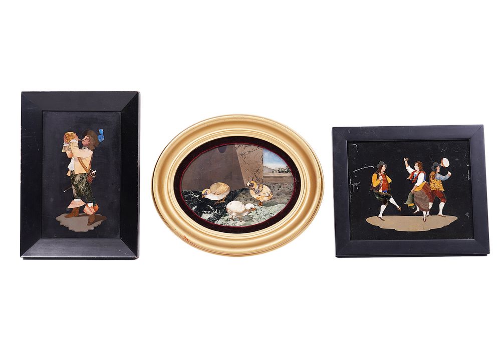 Appraisal: Pietra Dura Stone Mosaic Framed Plaques Gilt oval framed pietra