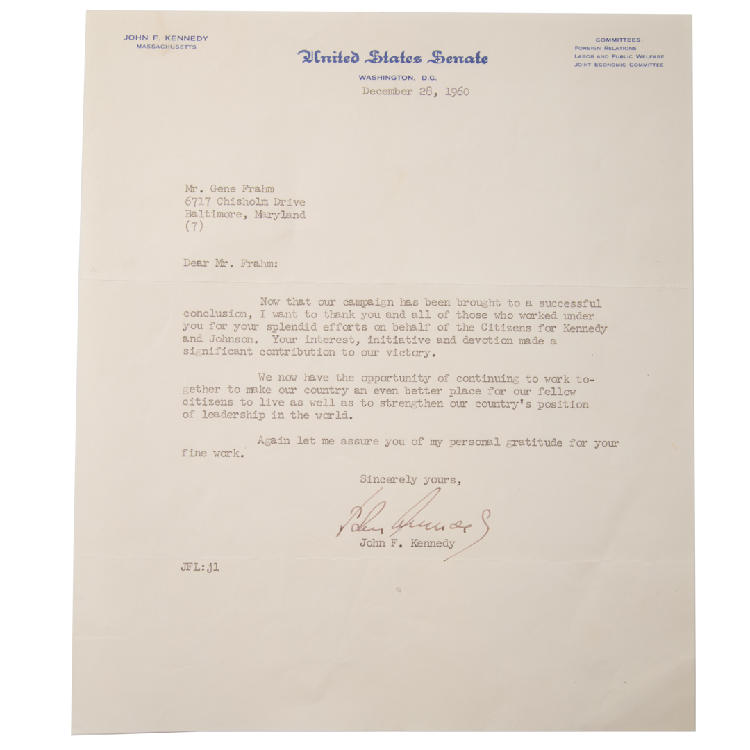 Appraisal: John F Kennedy ALS As Senator - - typed letter