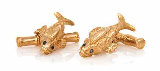 Appraisal: A Pair of Karat Yellow Gold and Sapphire Fish Cufflinks