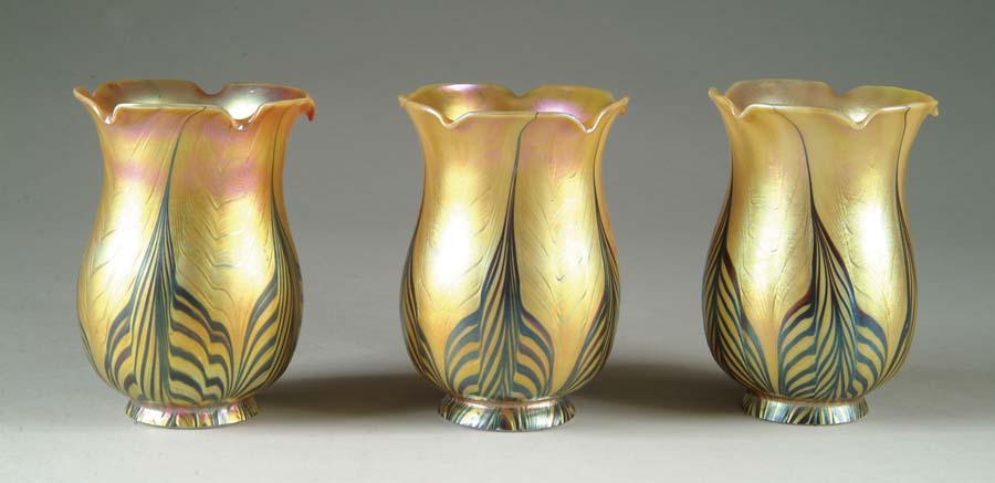 Appraisal: THREE DECORATED ART GLASS SHADES Possibly European these three evenly