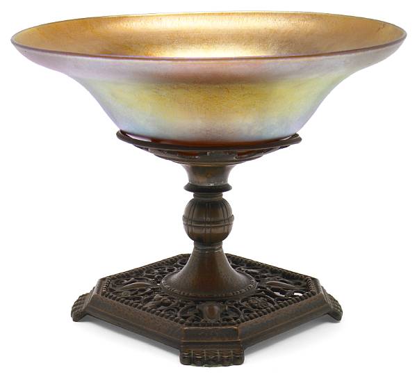 Appraisal: An Oscar Bach patinated-bronze and Steuben Aurene glass tazza s