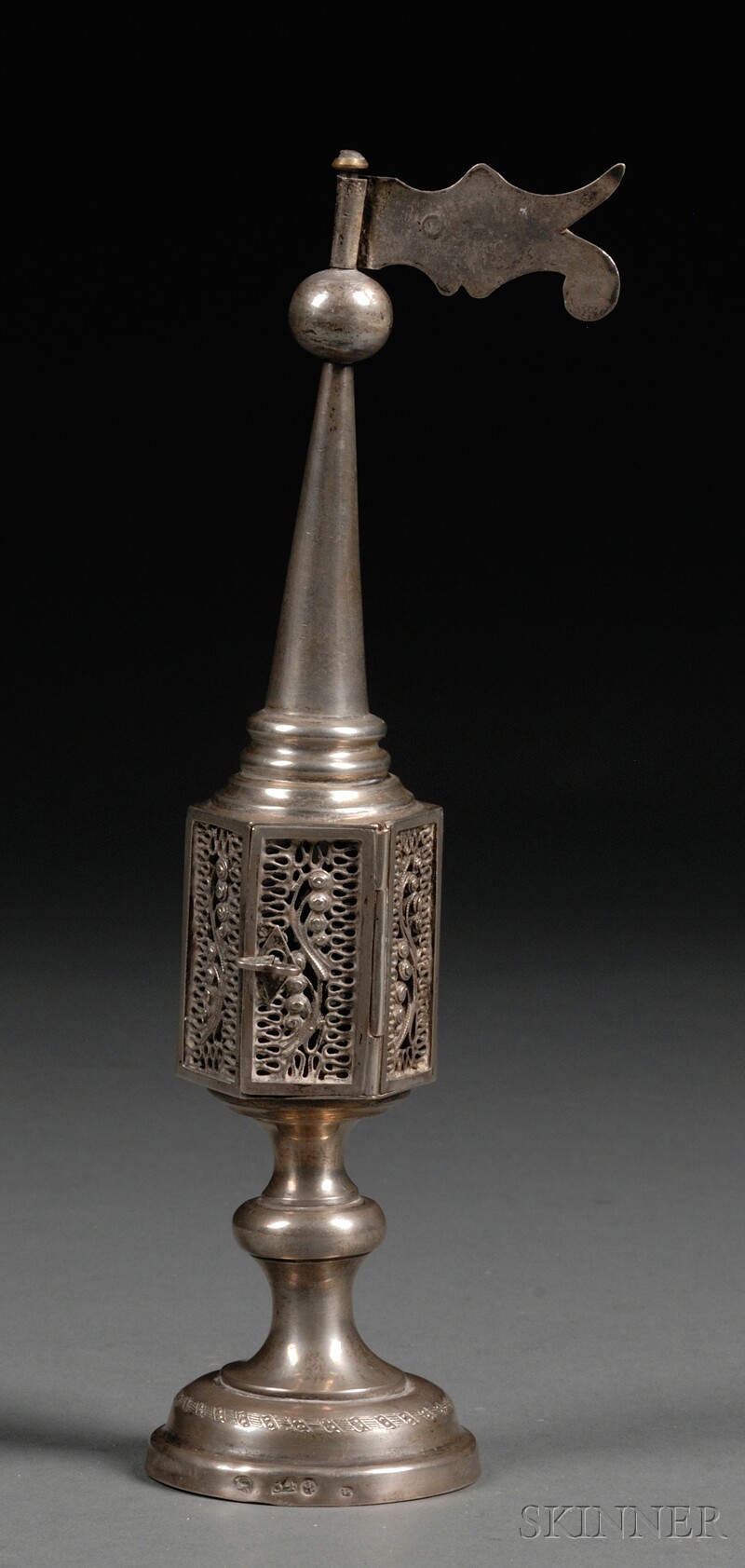 Appraisal: Silver Tower-form Besamim Box Spice Container bearing Russian hallmarks possibly