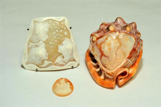 Appraisal: THREE CAMEO PIECES Carved conch shell with profile of woman