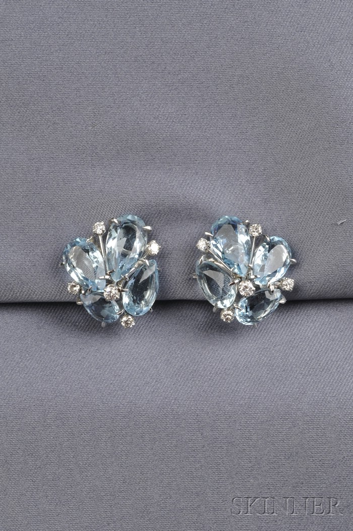 Appraisal: kt Gold Aquamarine and Diamond Earclips each prong-set with fancy-shaped