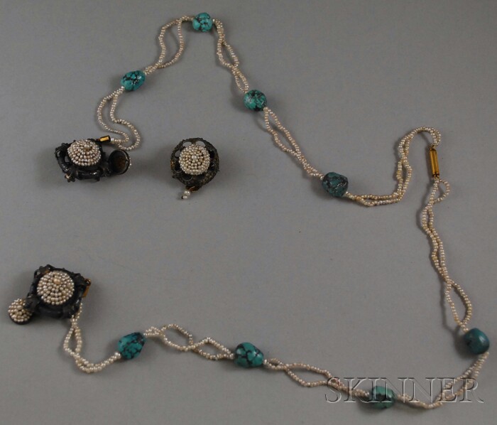 Appraisal: Seed Pearl and Turquoise Negligee Necklace with silver and seed