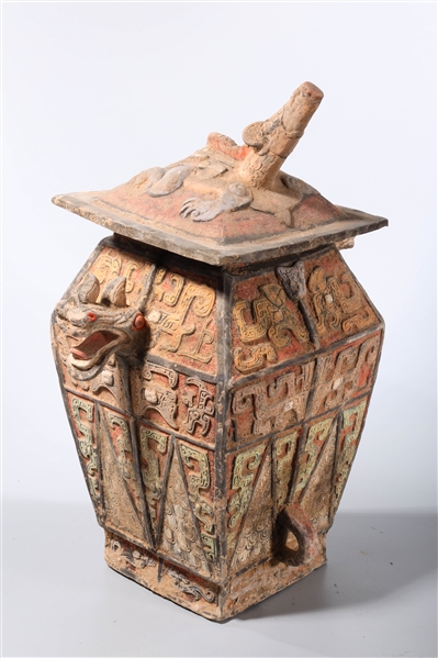 Appraisal: Chinese archaistic pottery covered vessel with various pigment remnants four