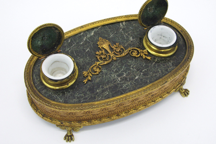 Appraisal: FRENCH ORMOLU AND MARBLE DESK DOUBLE INKSTAND the inkwells with