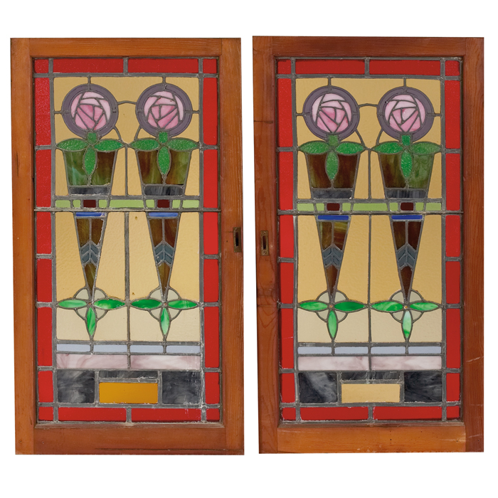 Appraisal: Arts and Crafts windows pair Scottish rose design in leaded