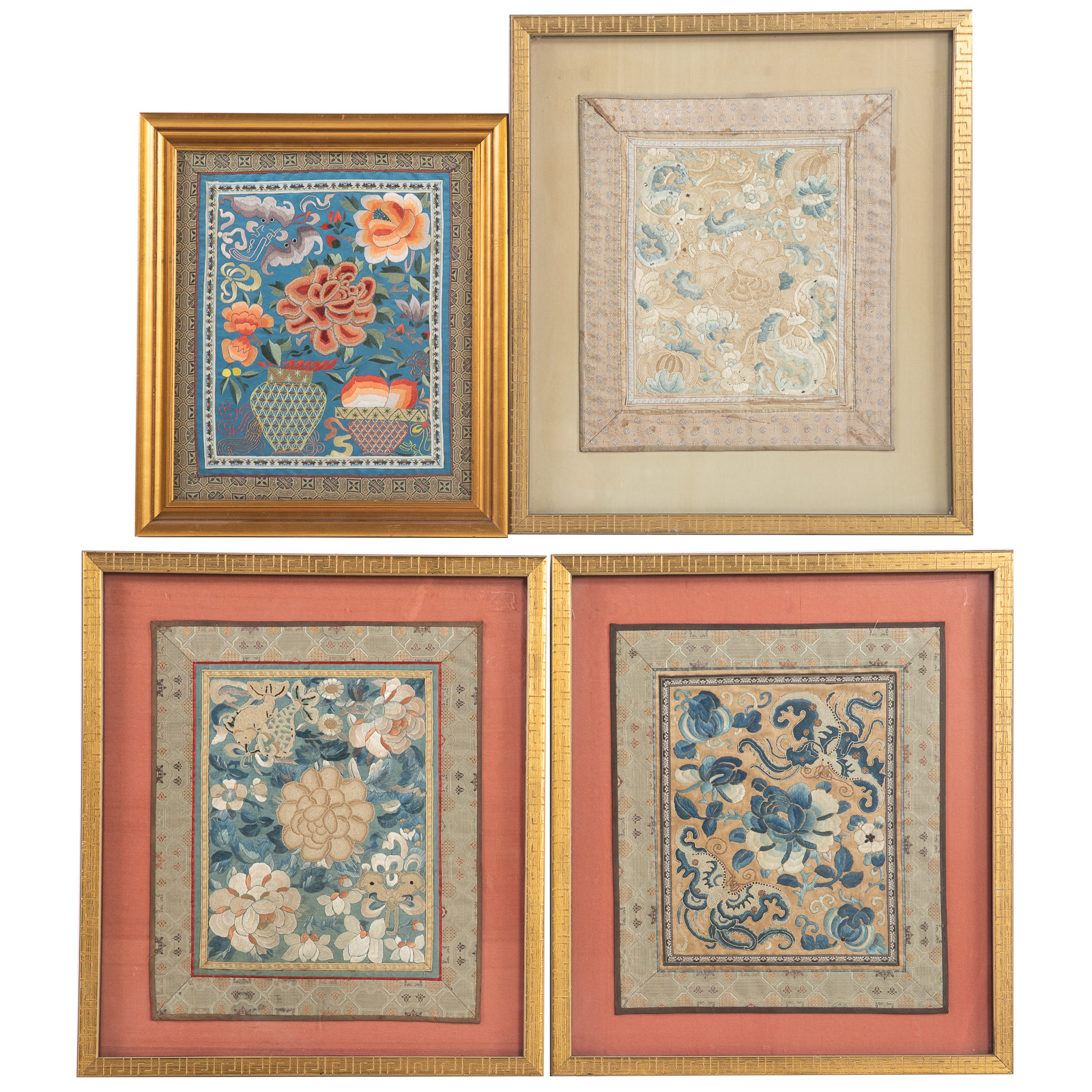 Appraisal: FOUR CHINESE SILK EMBROIDERIES th century three floral Blind Stitch