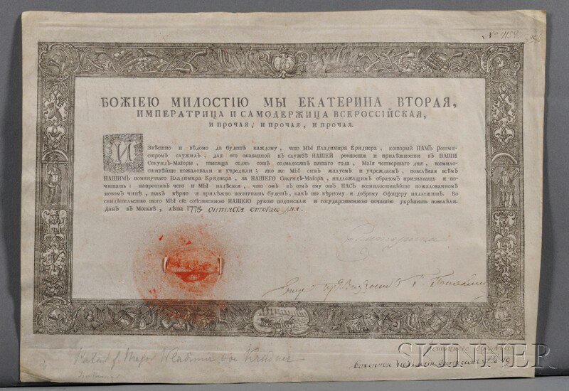 Appraisal: Catherine the Great Empress of Russia - Partially Printed Document