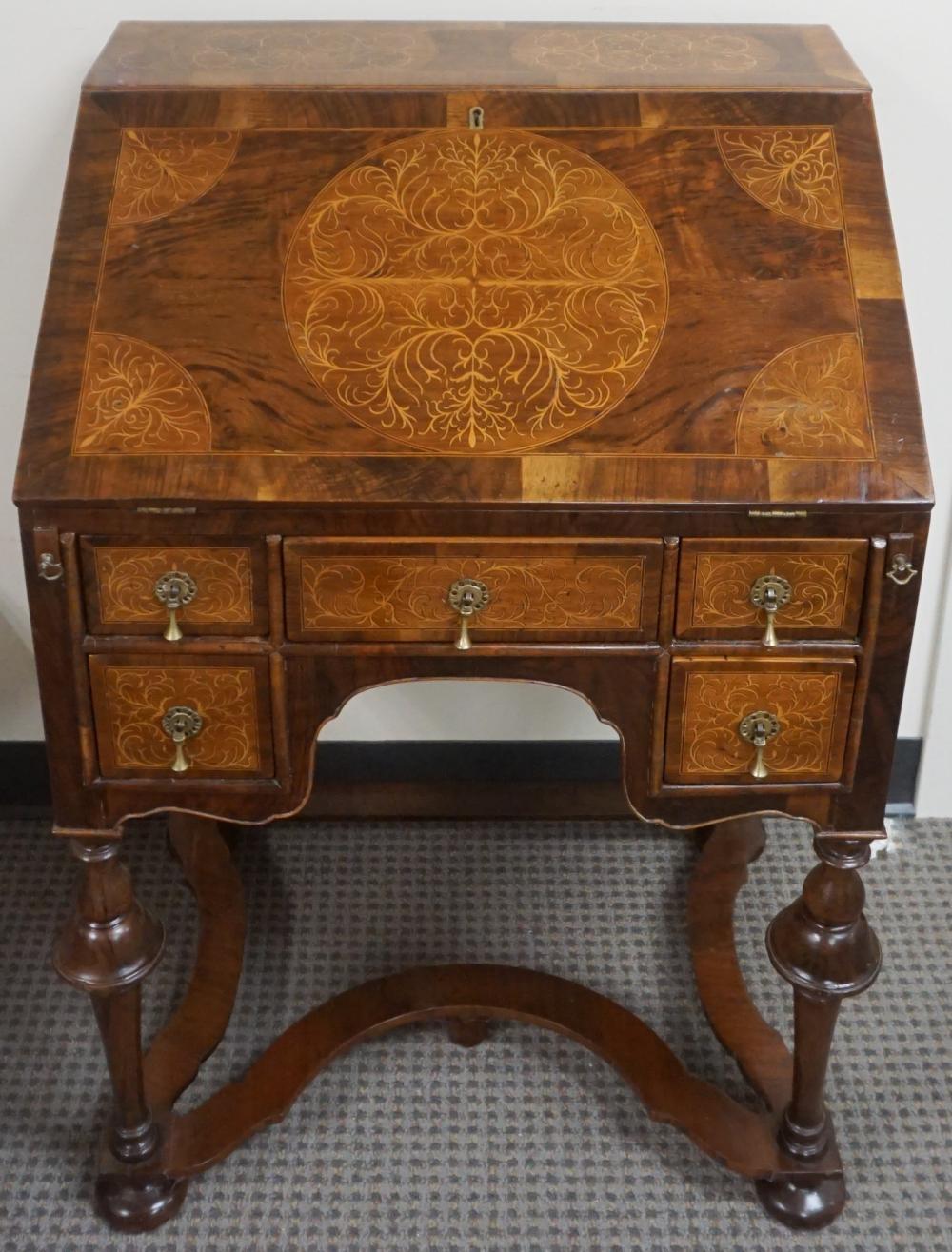 Appraisal: William and Mary Style Marquetry and Burlwood Slant Front Desk