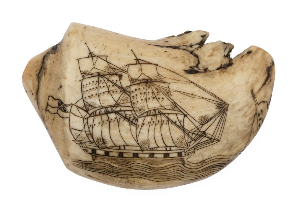 Appraisal: SCRIMSHAW WHALE'S TOOTH BY THE BRITANNIA ENGRAVER CIRCA S LENGTH