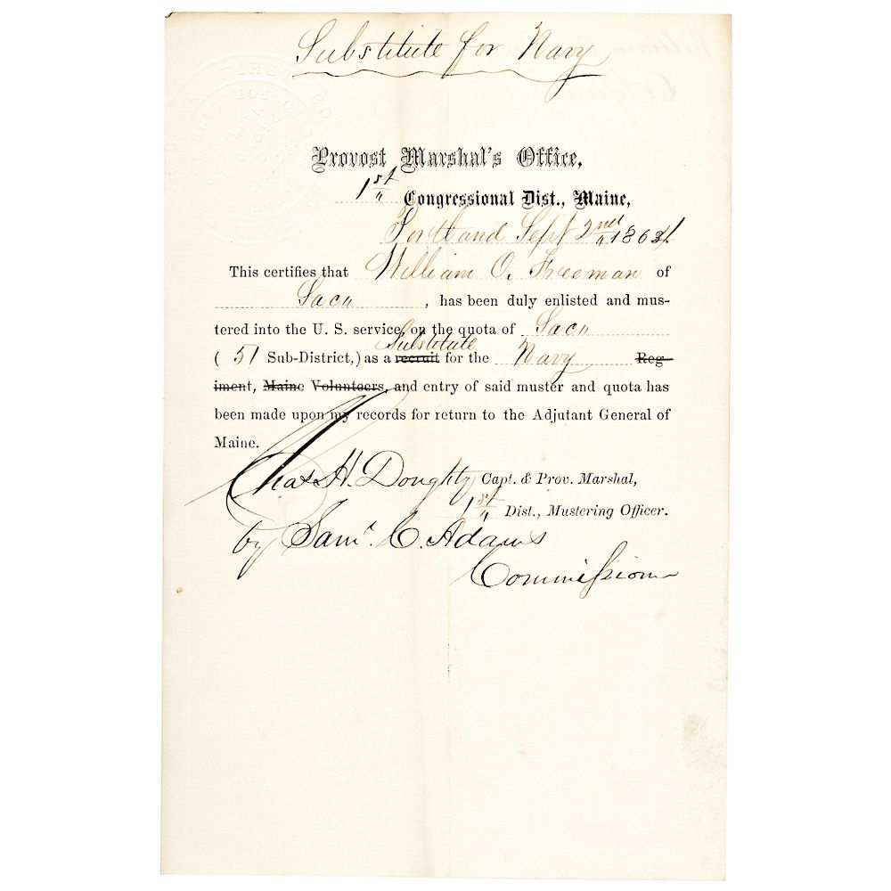 Appraisal: Rare Civil War Navy Substitute Form By Future Mayor of