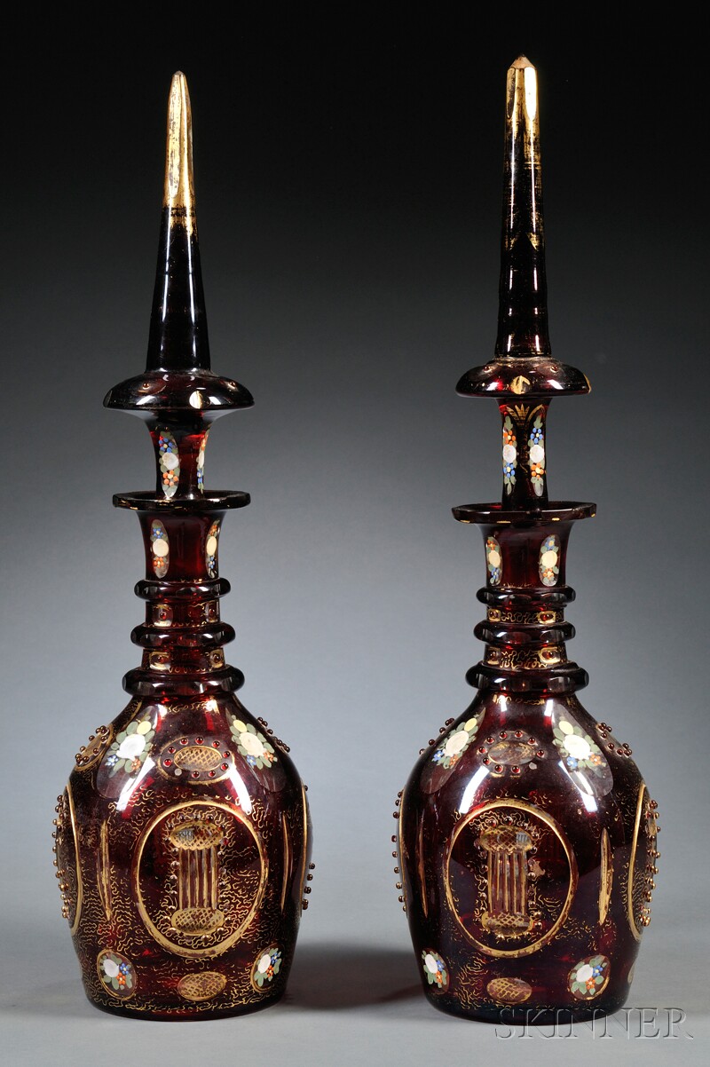 Appraisal: Pair of Ruby Cut-to-clear Glass Decanters Bohemia c each with