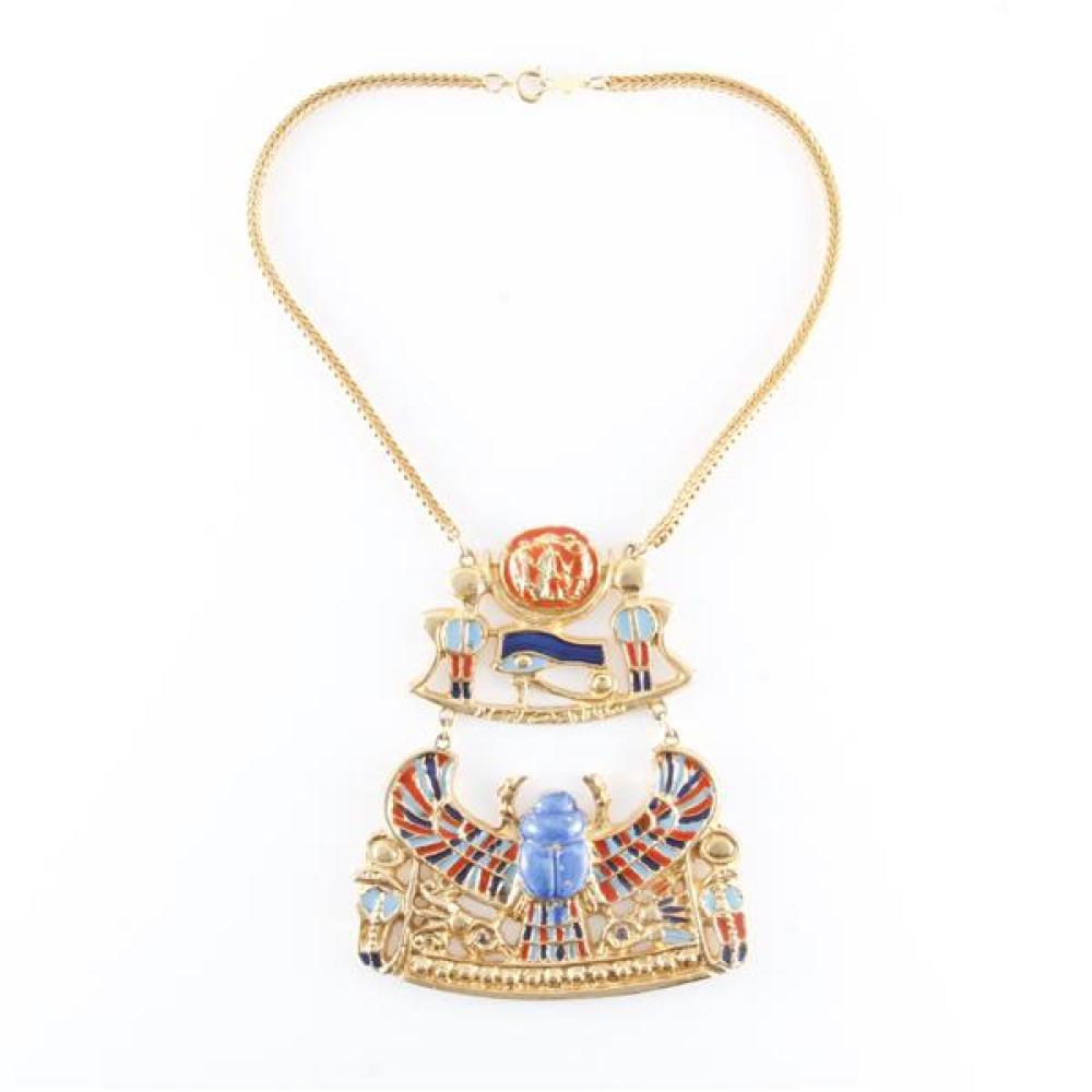 Appraisal: SIGNED ACCESSOCRAFT NYC EGYPTIAN REVIVAL TWO-TIER PENDANT NECKLACE WITH CORAL