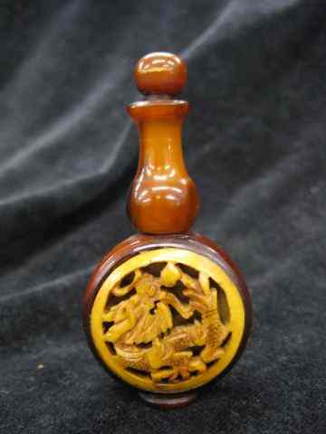 Appraisal: Chinese Snuff Bottle carved horn wood openwork dragon medallion ''