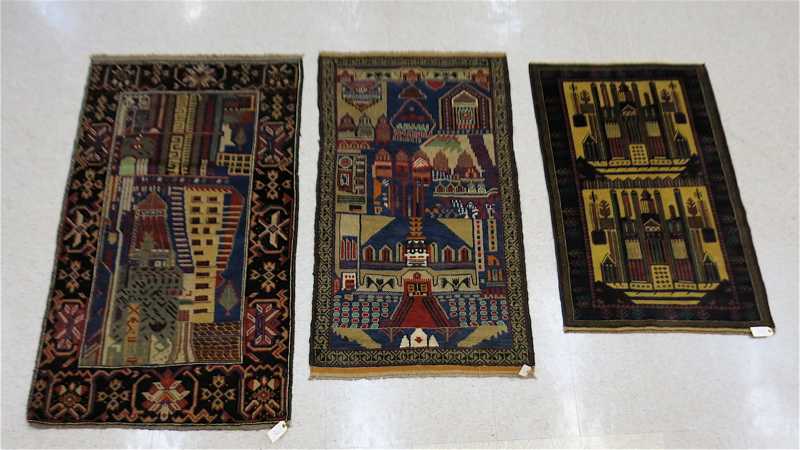 Appraisal: THREE HAND KNOTTED PICTORIAL AREA RUGS Afghan Belouchi tribals sizes