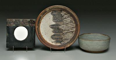 Appraisal: Three large pieces studio stoneware bowl with speckled gray glaze