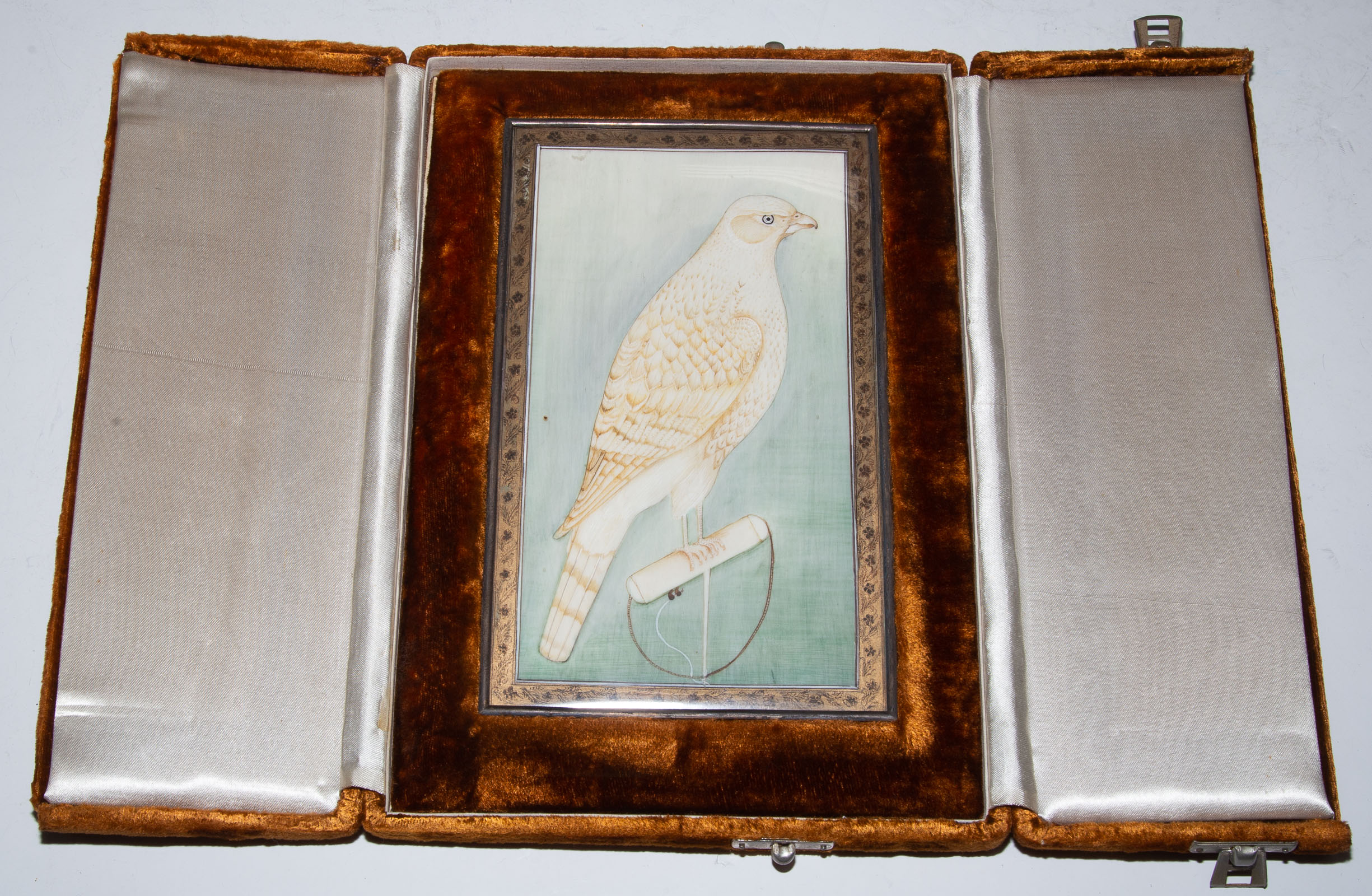 Appraisal: PERSIAN MINIATURE PAINTING OF A FALCON Circa in velvet lined