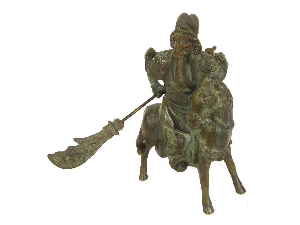 Appraisal: Oriental bronze figure of an armoured bearded warrior upon a