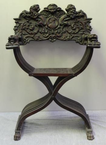 Appraisal: Highly Carved Savaronola Chair Great looking chair with crouching tigers