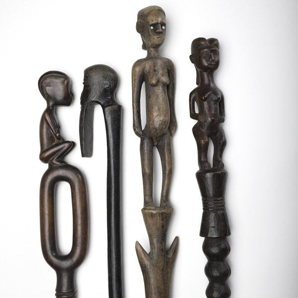 Appraisal: AFRICAN CARVED WOOD FIGURAL STAFFS Central and East Africa four