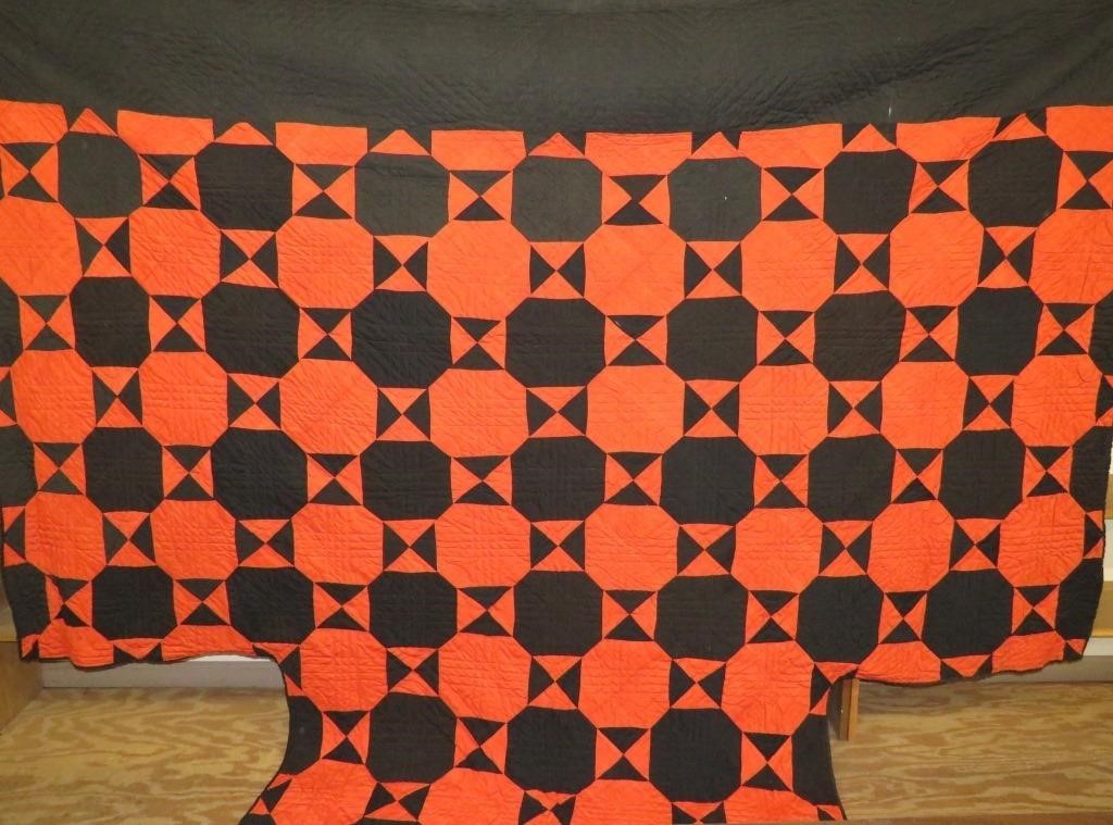 Appraisal: BOLD ORANGE BLACK PIECEWORK BLOCK CENTER STAR VAca - dyed