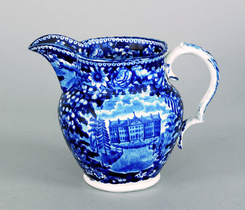 Appraisal: Historical blue Staffordshire pitcher th c depicting The Insane Asylum