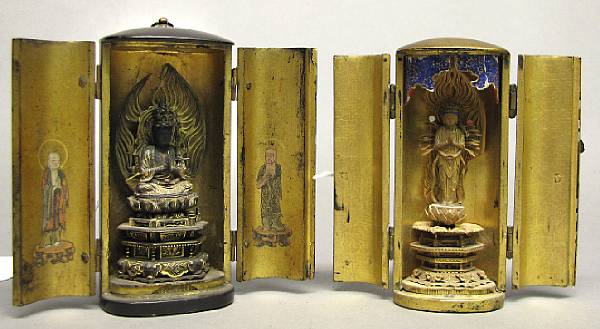 Appraisal: Two miniature portable Buddhist shrines zushi Edo Period The first