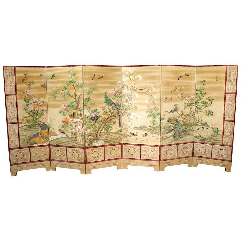 Appraisal: Antique Chinese Export Wallpaper Screen Chinese export hand-painted gouache on