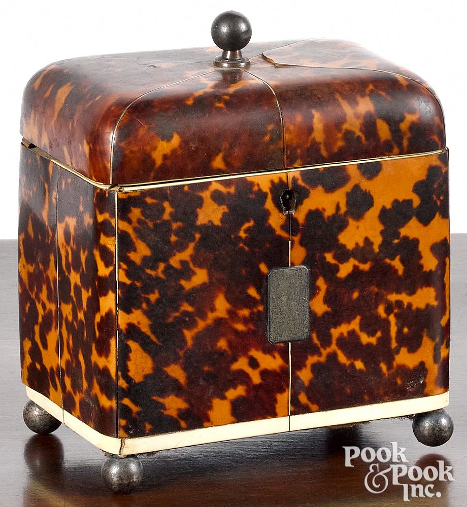 Appraisal: English tortoiseshell veneer tea caddy English tortoiseshell veneer tea caddy