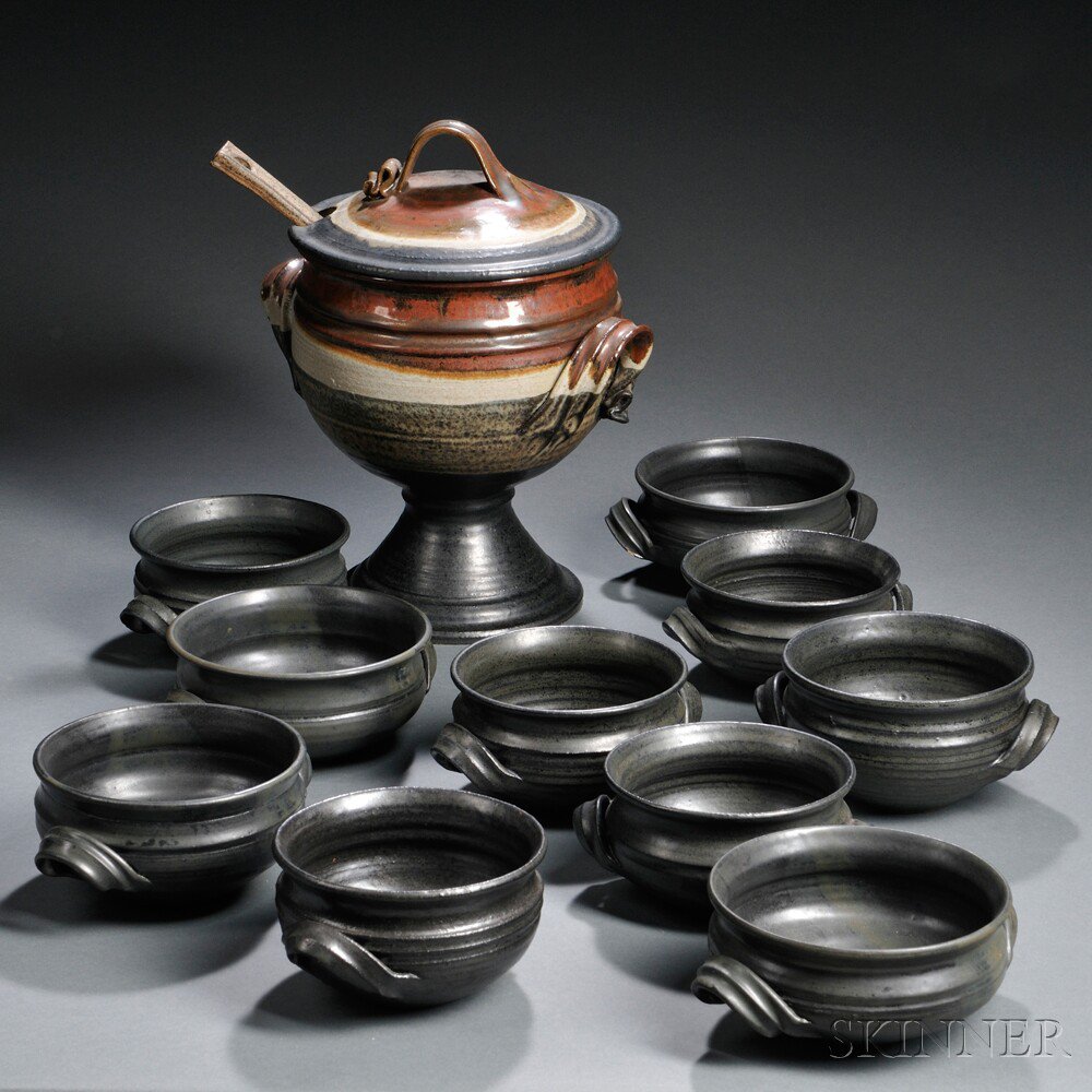 Appraisal: Studio Pottery Soup Tureen with Ten Bowls and Ladle United