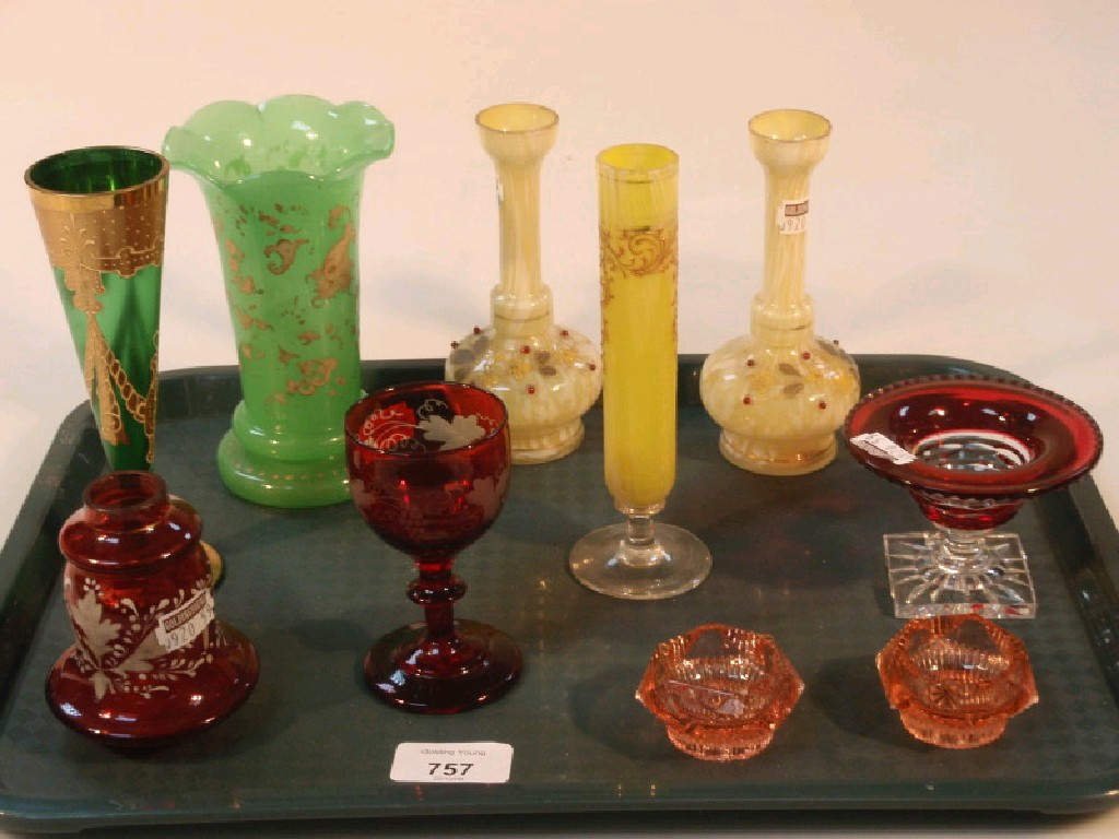 Appraisal: A collection of thC ornamental glassware including a green flute