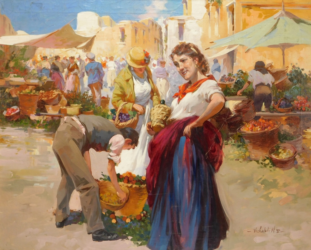 Appraisal: WITMAN ETELKA VIZKELETI MARKET SCENE PAINTING Hungary - Depicts a