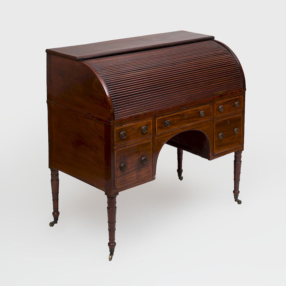 Appraisal: Regency Inlaid Mahogany Roll Top Desk The roll top opening