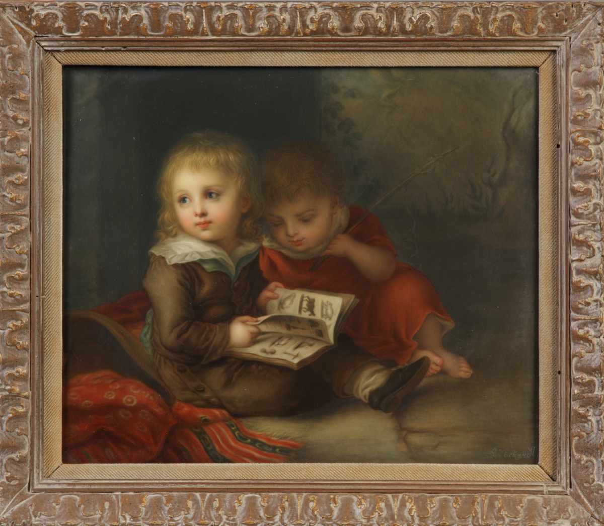 Appraisal: Sgn KPM Plaque of Two children reading a book Sgn