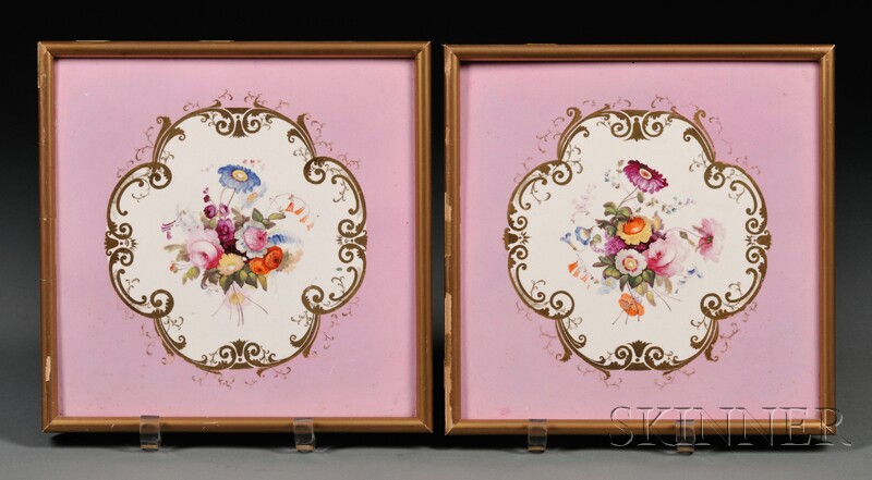 Appraisal: Pair of Framed Lavender-ground Tiles likely France each with quatrefoil