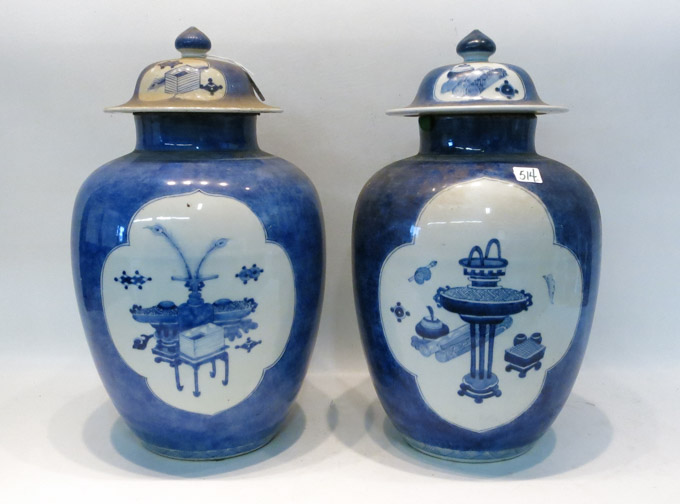 Appraisal: PAIR CHINESE BLUE AND WHITE PORCELAIN LIDDED VASES hand painted