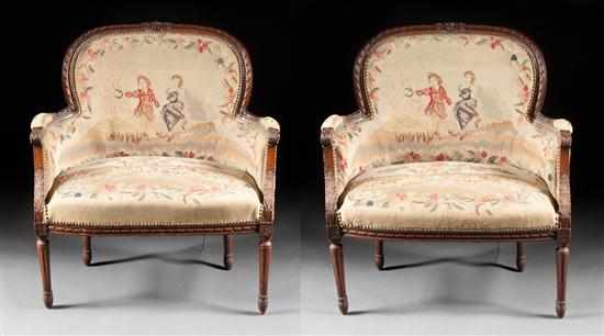 Appraisal: Pair of Louis XVI style carved walnut needlepoint canapes th