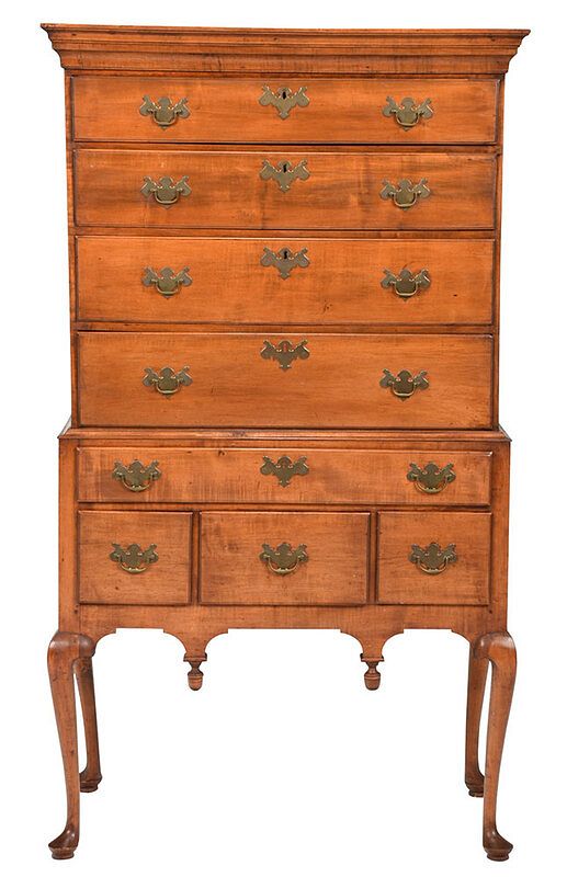 Appraisal: American Queen Anne Figured Maple High Chest New England mid