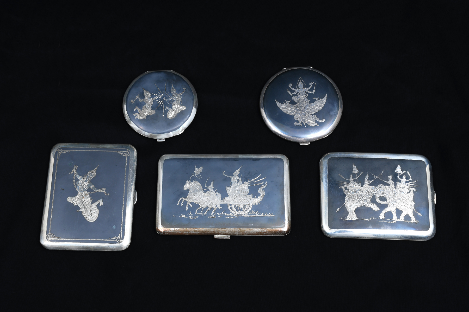 Appraisal: SIAM STERLING NIELLO CIGARETTE CASES COMPACTS Comprising - Cigarette cases