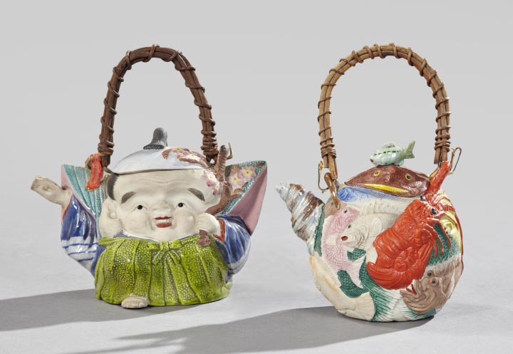 Appraisal: Group of Two Japanese Taisho Polychromed Porcelain Novelty Teapots first