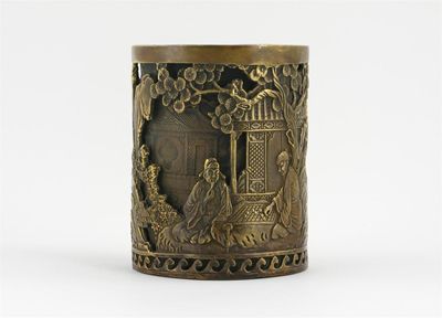 Appraisal: A Chinese bronze double-walled brushpot decorated with four figures two