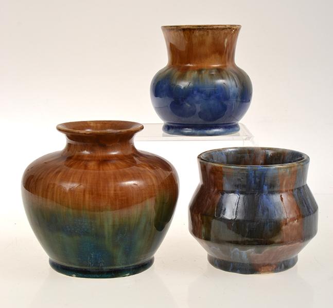 Appraisal: THREE ROYAL MASHMAN POTTERY VASES IN BLUE GREEN AND BROWN