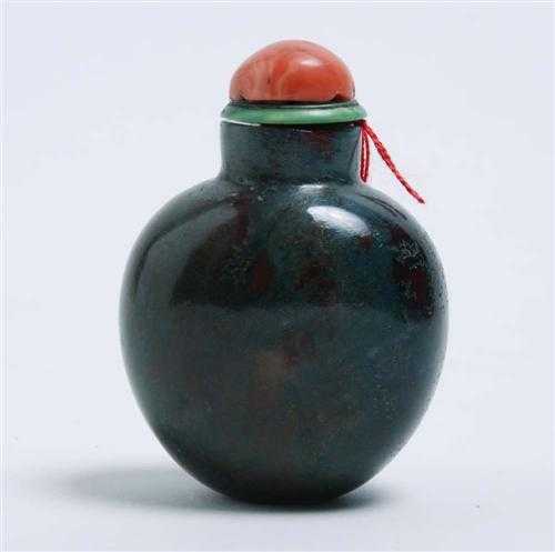 Appraisal: SNUFF BOTTLE China H cm Moss agate With coral stopper