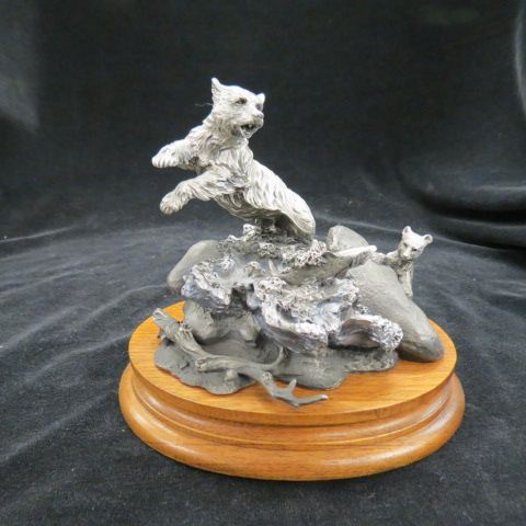 Appraisal: Chilmark Pewter Figurine Fishing Lesson bear cub plus wood base