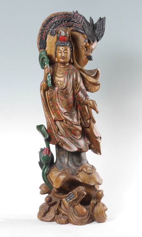 Appraisal: LARGE POLYCHROME CARVED WOOD QUAN YIN Carved gilt and polychrome