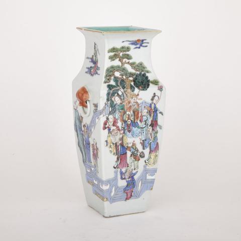 Appraisal: Famille Rose Faceted Daoist Vase th Century Of tapering rectangular