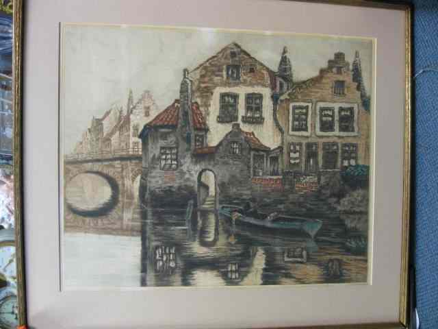 Appraisal: European Drypoint Etching waterway with village in background pencil signed