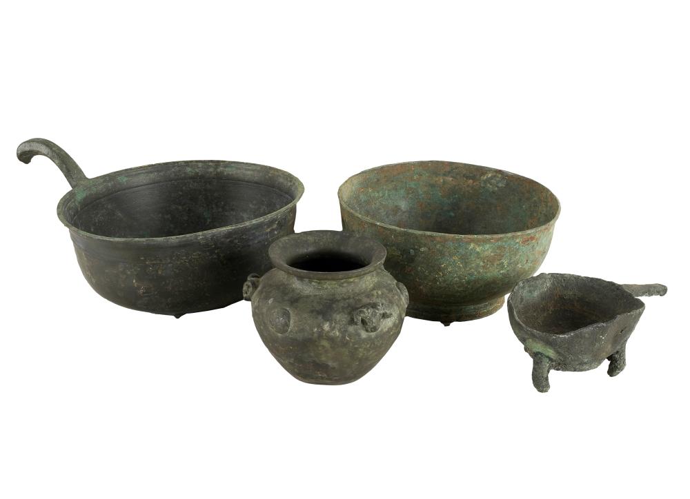 Appraisal: FOUR ARCHAIC-STYLE BRONZE VESSELSof various sizes the larger basin inches